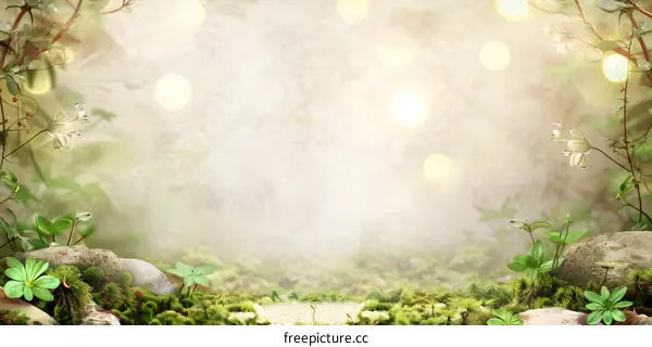Fantasy Forest with White Flowers, Green Moss and Blurred Background