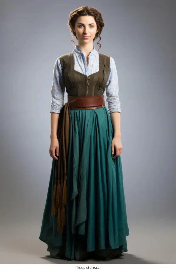 A woman wearing a green dress and a brown vest