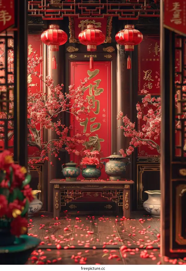 Chinese-style house interior with red lanterns and pink flowers