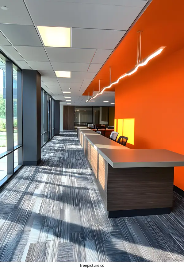 Modern Office Interior Design with Orange Wall and Wooden Desk