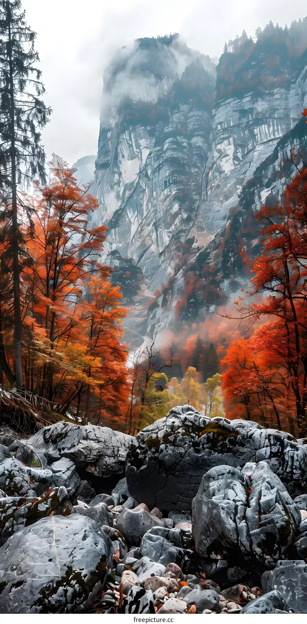 Autumn Landscape With Foggy Mountains and Red Trees