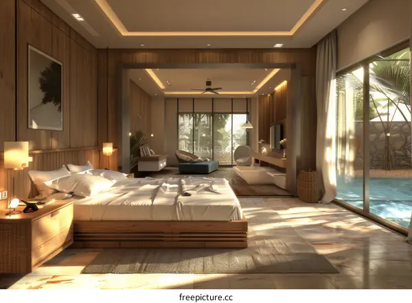Modern Wooden Bedroom with Pool View