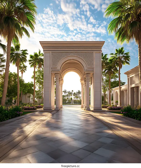 Stone Archway Entrance with Palm Trees and Sunny Sky