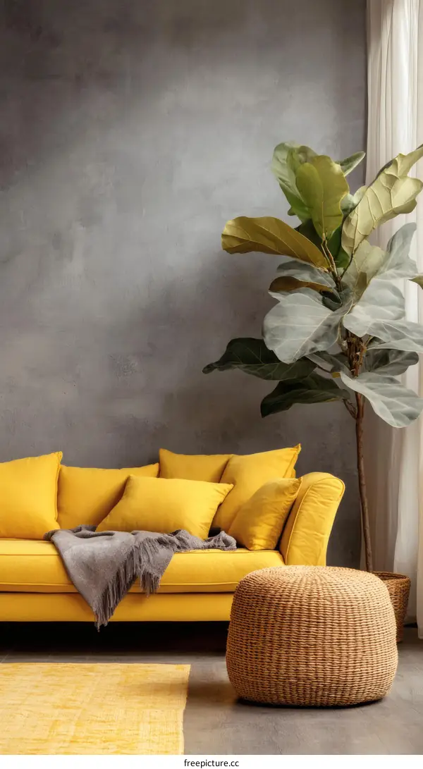 Modern Living Room with Yellow Sofa and Gray Rug