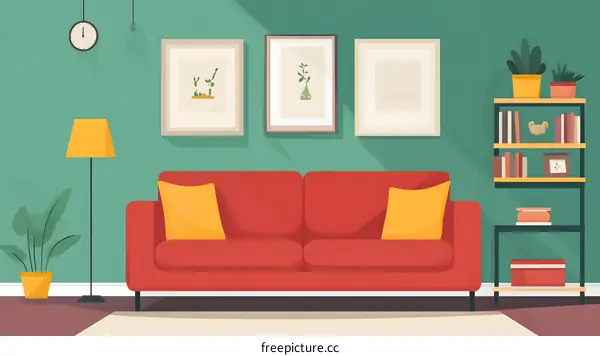 Green Living Room Interior Design With Red Sofa And Yellow Pillows