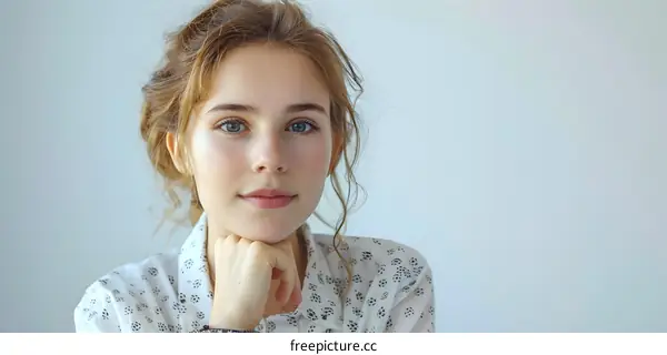 Young Woman with Blue Eyes Posing Against a White Wall