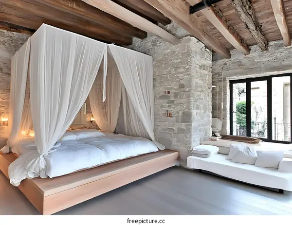 Modern Bedroom with Canopy Bed and Stone Walls