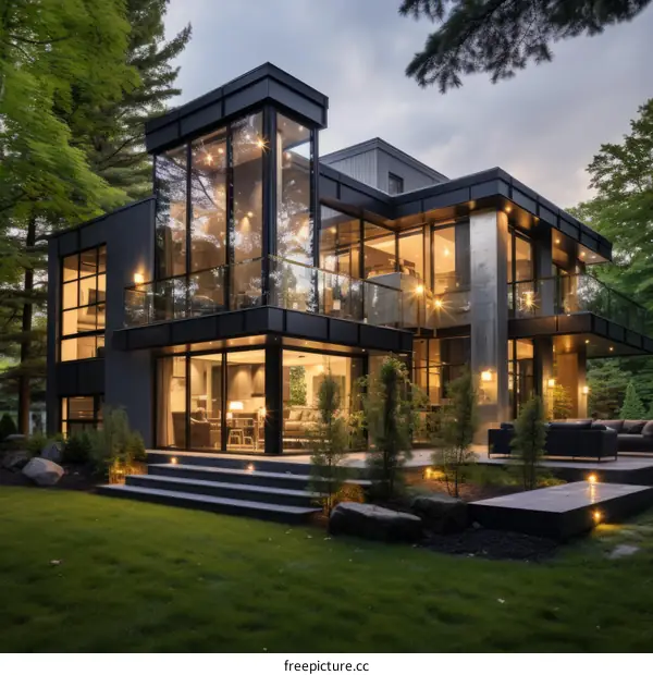 Black and grey modern house exterior with large glass windows