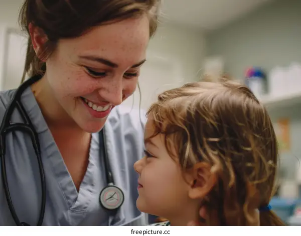 Young girl smiling at a doctor