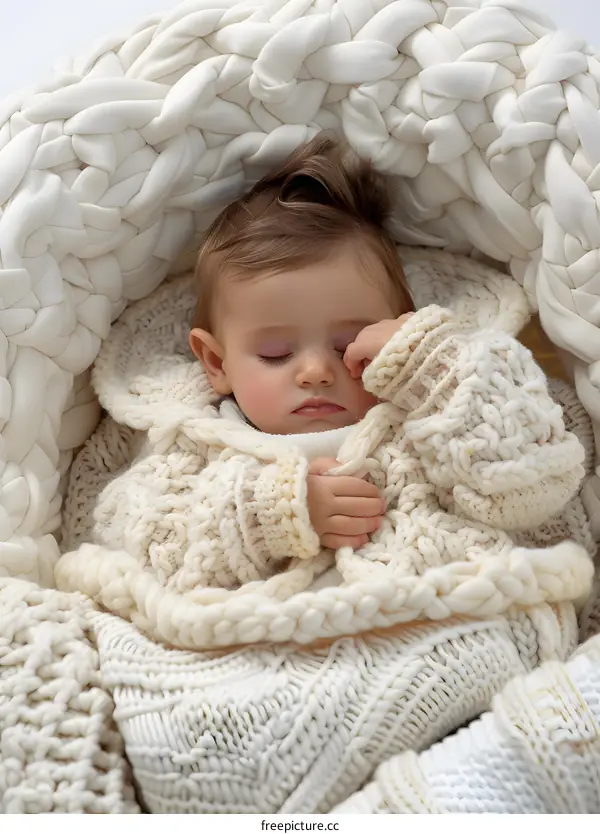Baby Sleeping Peacefully in Knitted Blanket