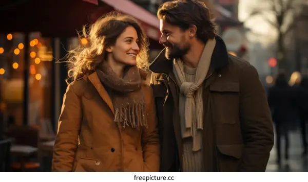 A young couple is walking down the street and smiling at each other