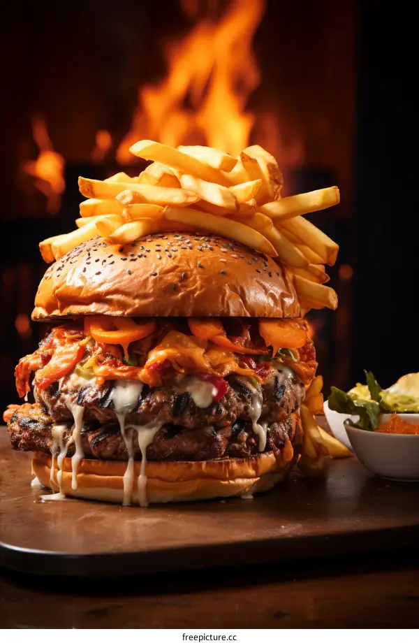 A large cheeseburger with a lot of fries on top of it. The burger is on a table. There is a fire in the background.