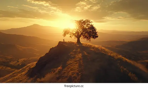 Silhouette of a Person Standing on a Hilltop with a Tree and Sunset in the Background