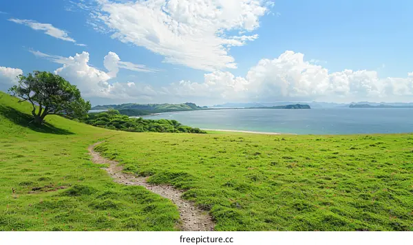 Green rolling hills and a blue sea with white clouds in the sky