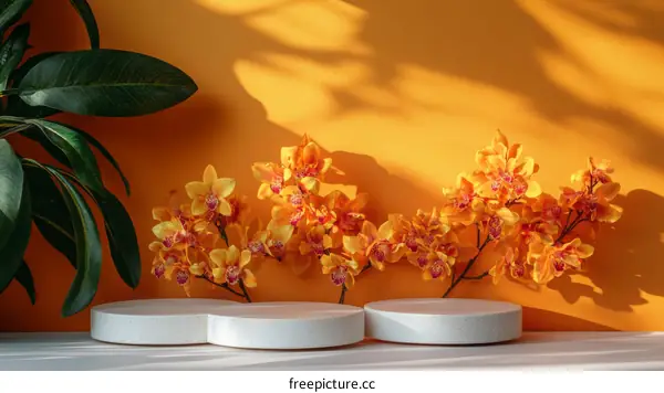 Orange Orchid Display on White Pedestal