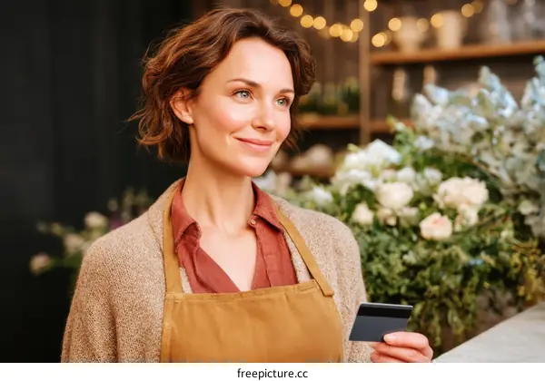 Smiling Caucasian Woman Holding Credit Card in Flower Shop