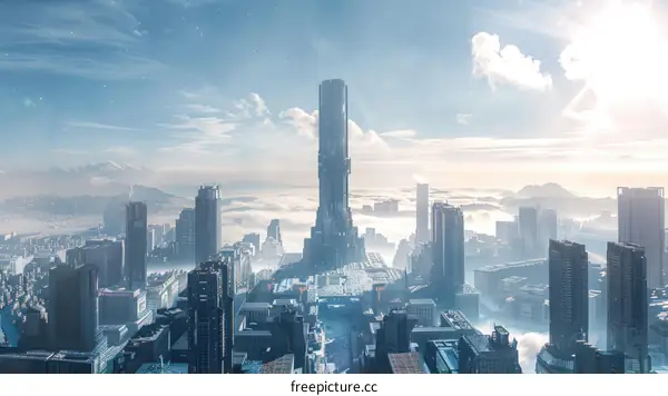 futuristic city with tall buildings and a clear blue sky
