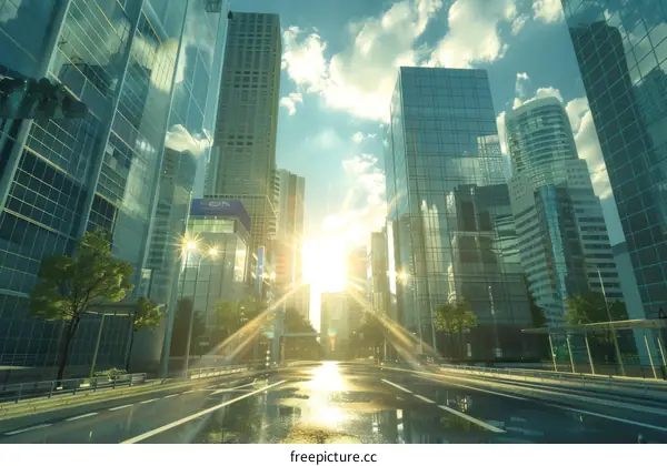 Modern City Skyline with Sunlight