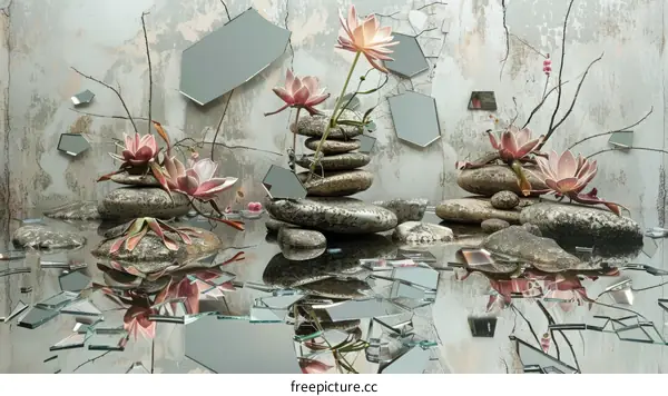 Pink flowers and green leaves on a pile of rocks with broken mirror pieces reflecting the arrangement