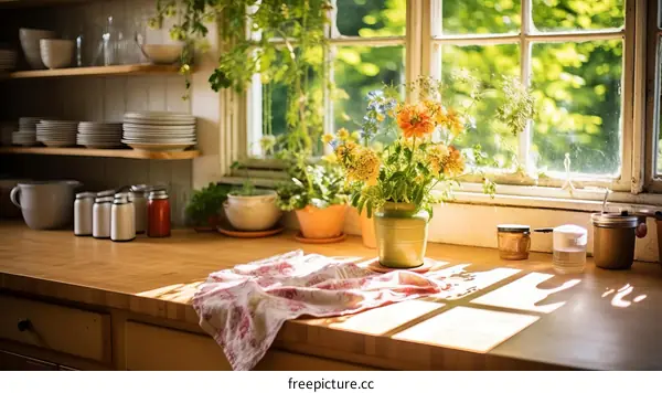 Elegant Kitchen with Vase of Flowers and Sunlight