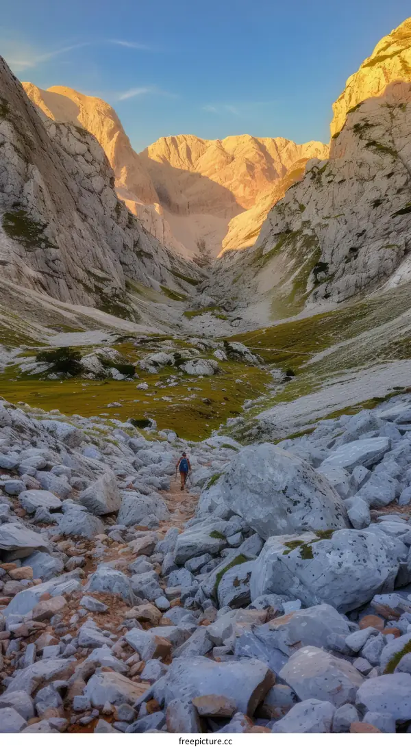 Hiker on a Rocky Mountain Trail with Rugged Peaks in the Distance