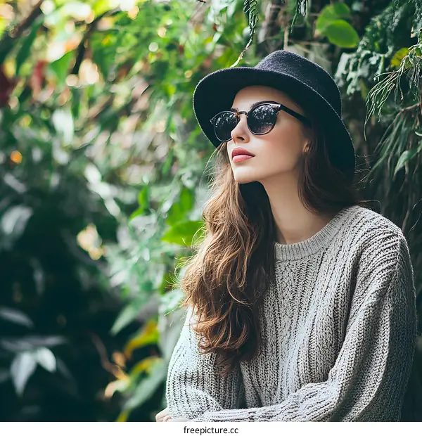 Woman in Sunglasses and Hat Sitting in a Forest