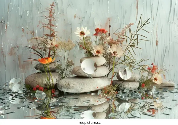 Reflective Still Life with Flowers and Rocks