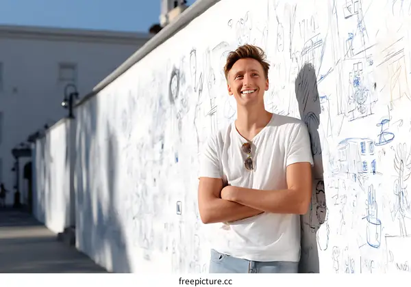 Smiling Caucasian Man Leaning Against Graffiti Wall