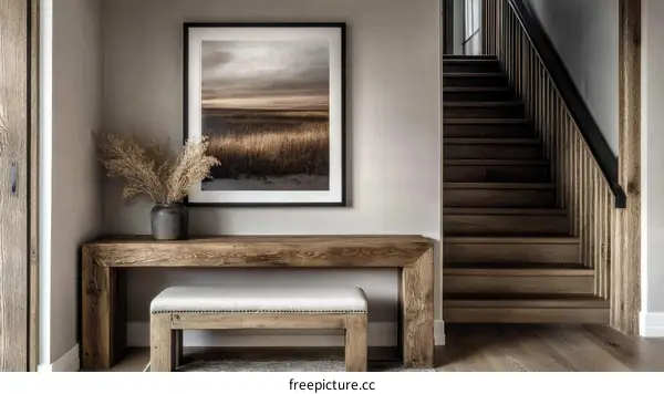 Rustic Entryway with Wooden Console Table and Artwork