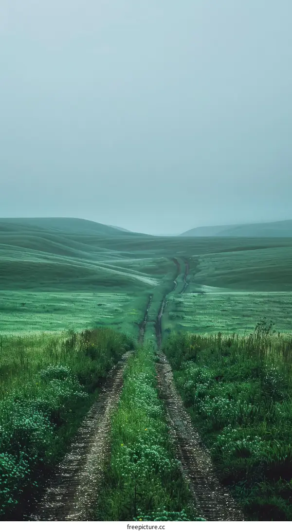 Countryside dirt road through green rolling hills