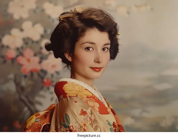 Vintage portrait of a young Japanese woman wearing a kimono
