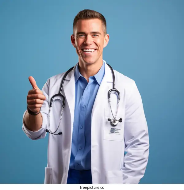 A young male doctor in a white coat is smiling and giving a thumbs up.