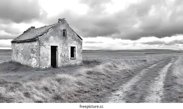 Abandoned Stone Cottage in a Field with a Cloudy Sky