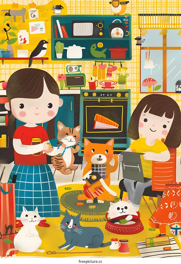 Two Girls and Cats Playing in the Kitchen Illustration