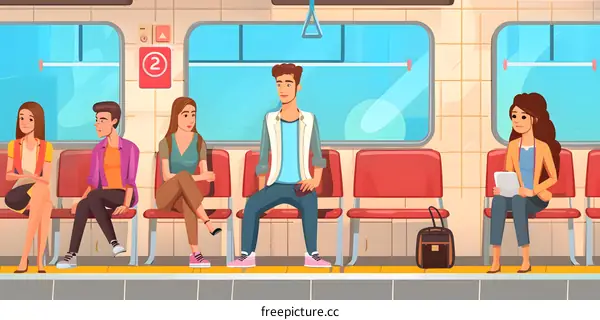 Cartoon Illustration of People Sitting on a Subway Train