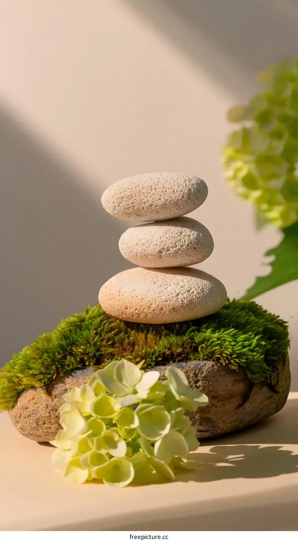 Stack of Stones with Moss and Flowers