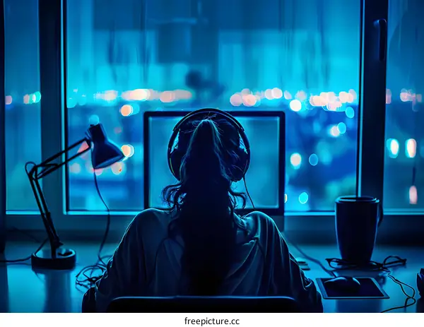 Woman in Headphones Sitting at a Desk Looking at a Computer Screen