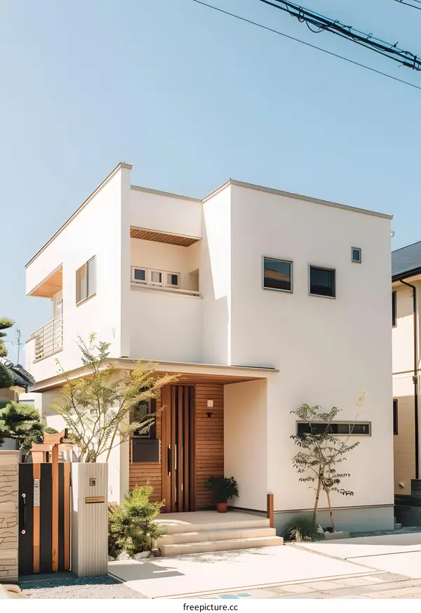 Minimalist White House with Wooden Door and Green Trees