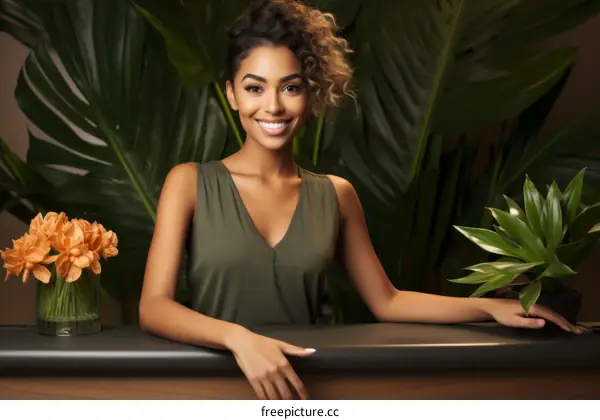 A beautiful woman standing in front of a lush green wall of plants.