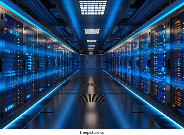 Blue Server Room with Rows of Cabinets