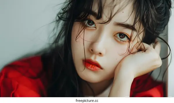 Close Up Portrait of Asian Woman with Red Lipstick