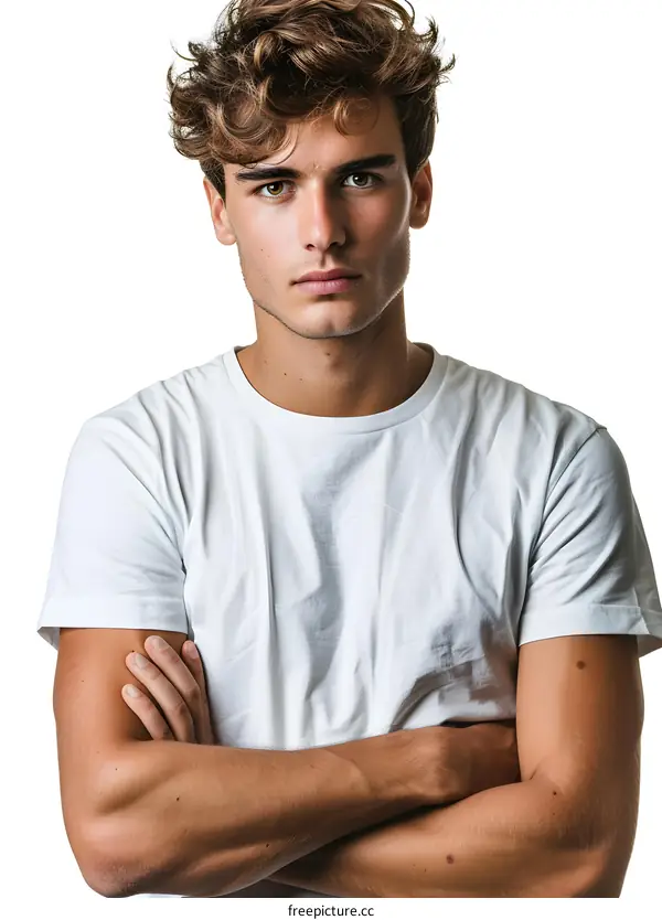 Handsome Young Man With Curly Hair In White T-Shirt