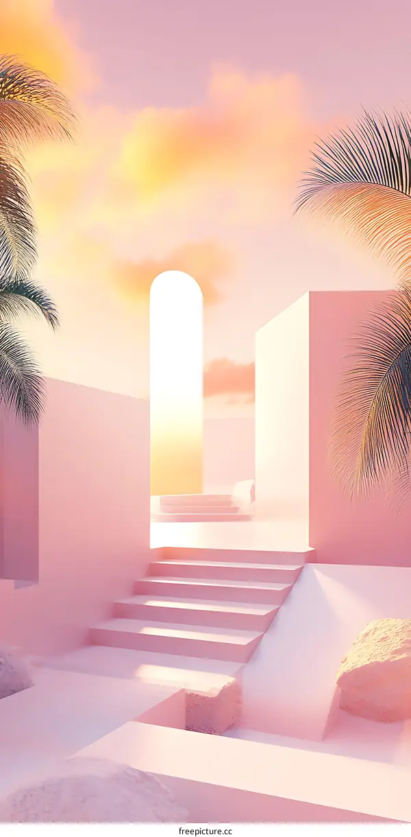 Pink Minimalist 3D Render with Staircase and Palm Trees