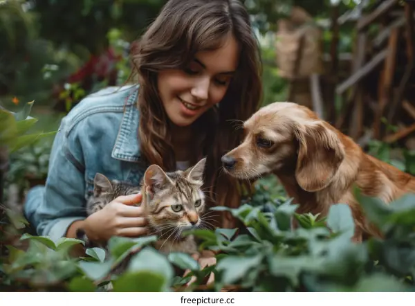 A young woman with a cat and a dog