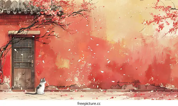 A cat is sitting under a peach blossom tree with peach blossom petals falling