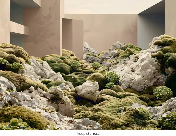 Abstract Minimalist Architecture with Moss and Stone