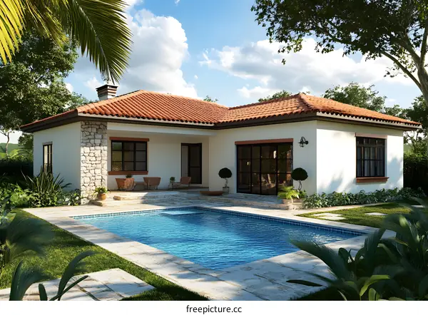 Modern Home with Swimming Pool and Palm Trees