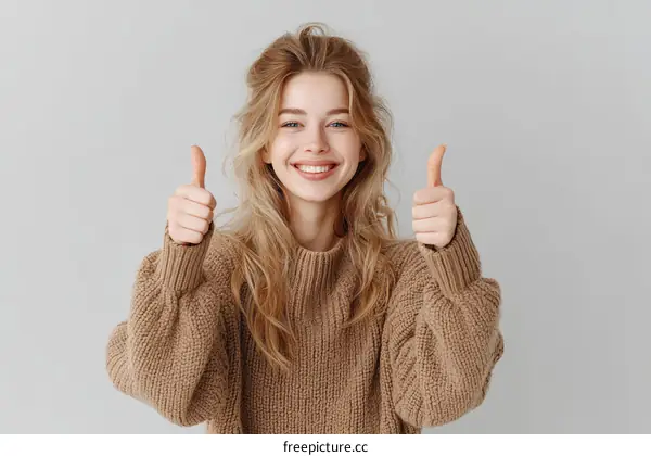 Happy Woman Giving Thumbs Up in a Sweater