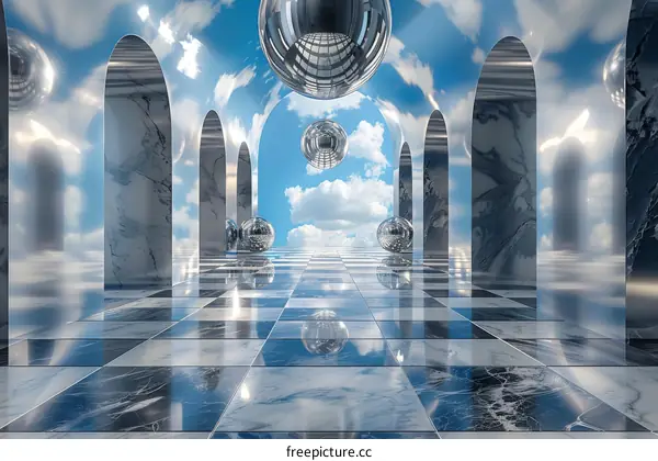 Surreal Checkered Hallway with Blue Sky