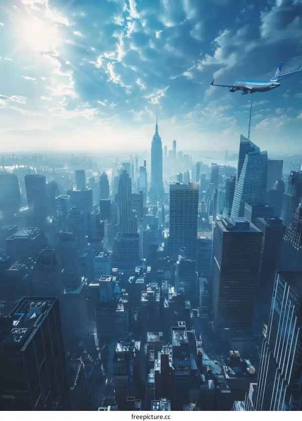 A bird's-eye view of the Manhattan skyline with an airplane flying overhead